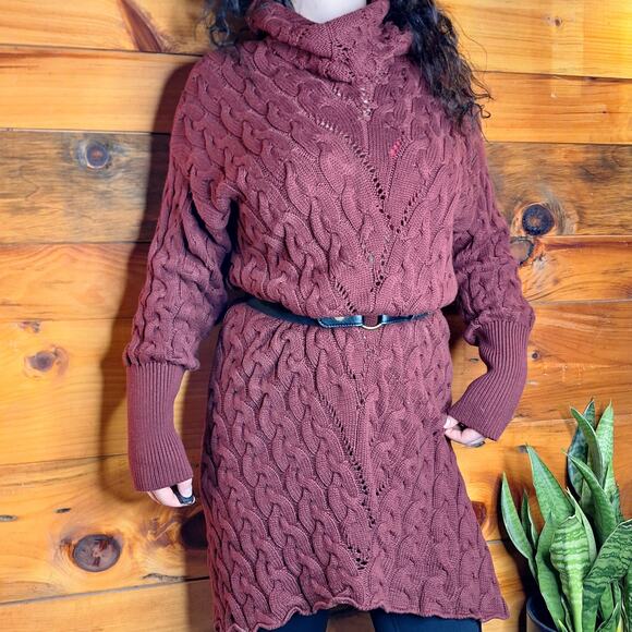 FATE oversized slouchy maroon red chunky cable knit turtle neck sweater dress - Picture 2 of 7